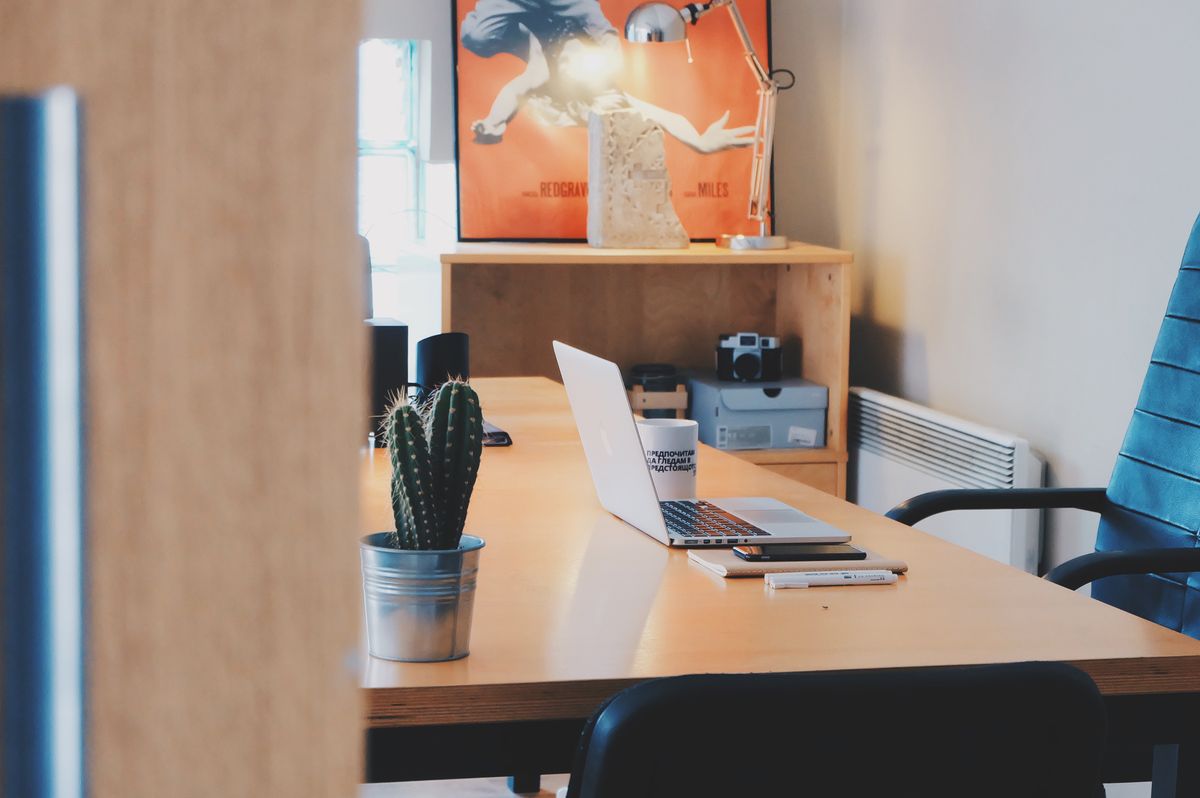 Mesa de trabajo con portátil, cactus y lámpara